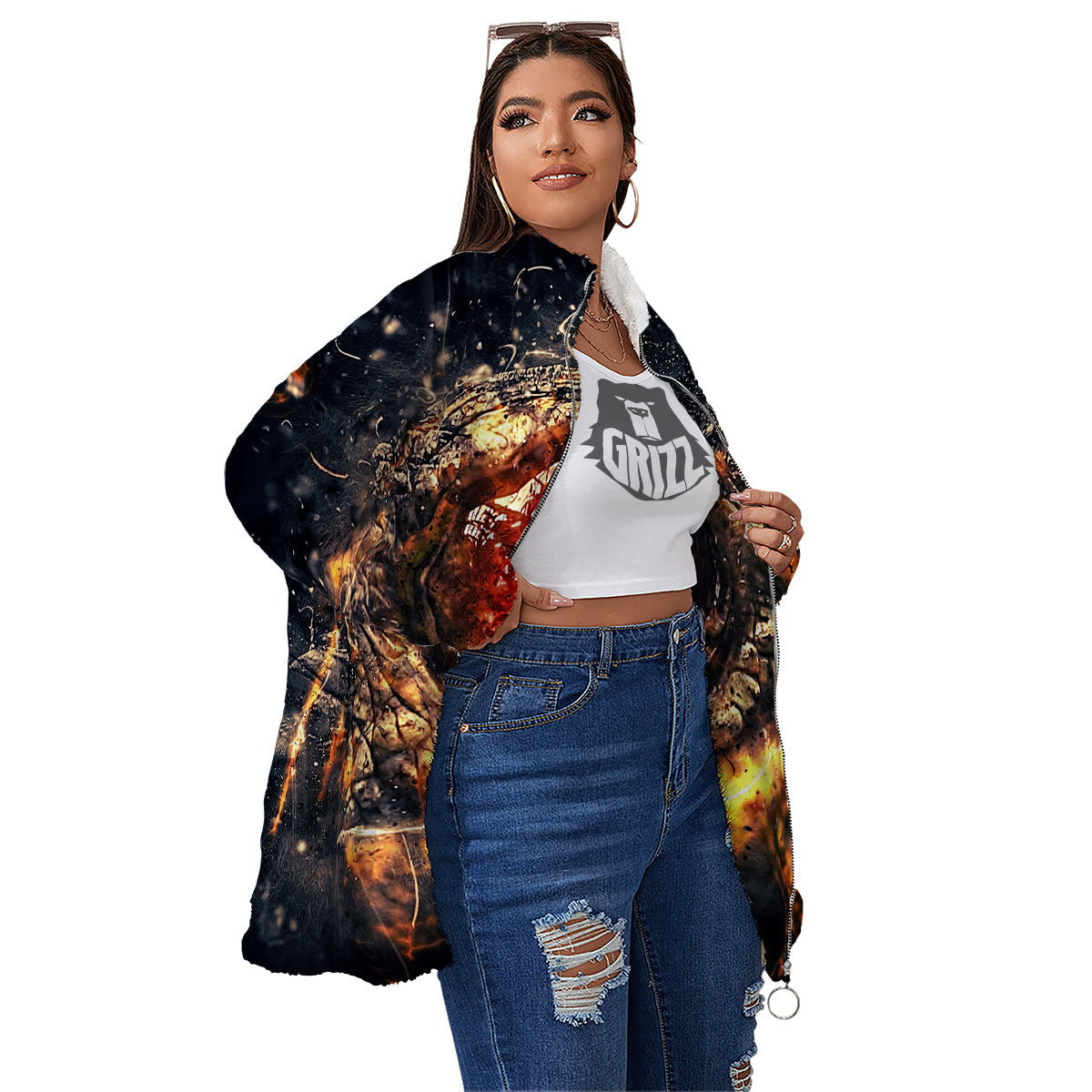 Dragon Red Eye Fire Print Women's Sherpa Jacket-grizzshop