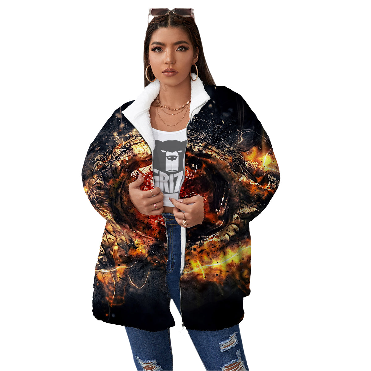 Dragon Red Eye Fire Print Women's Sherpa Jacket-grizzshop
