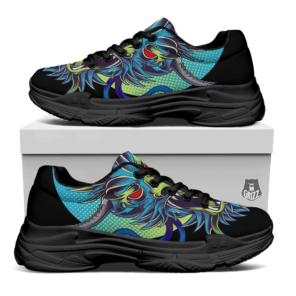 Dragon Tattoo Blue Japanese Print Black Chunky Shoes-grizzshop