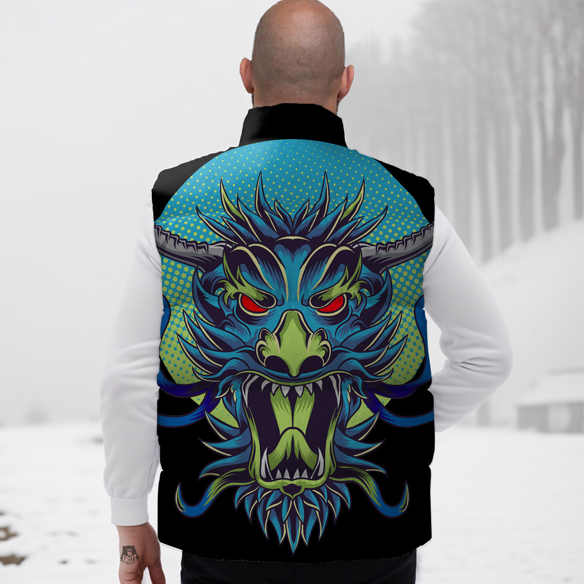 Dragon Tattoo Blue Japanese Print Down Vest