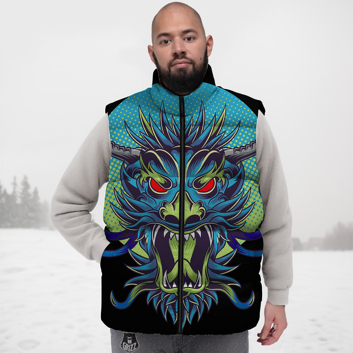 Dragon Tattoo Blue Japanese Print Down Vest
