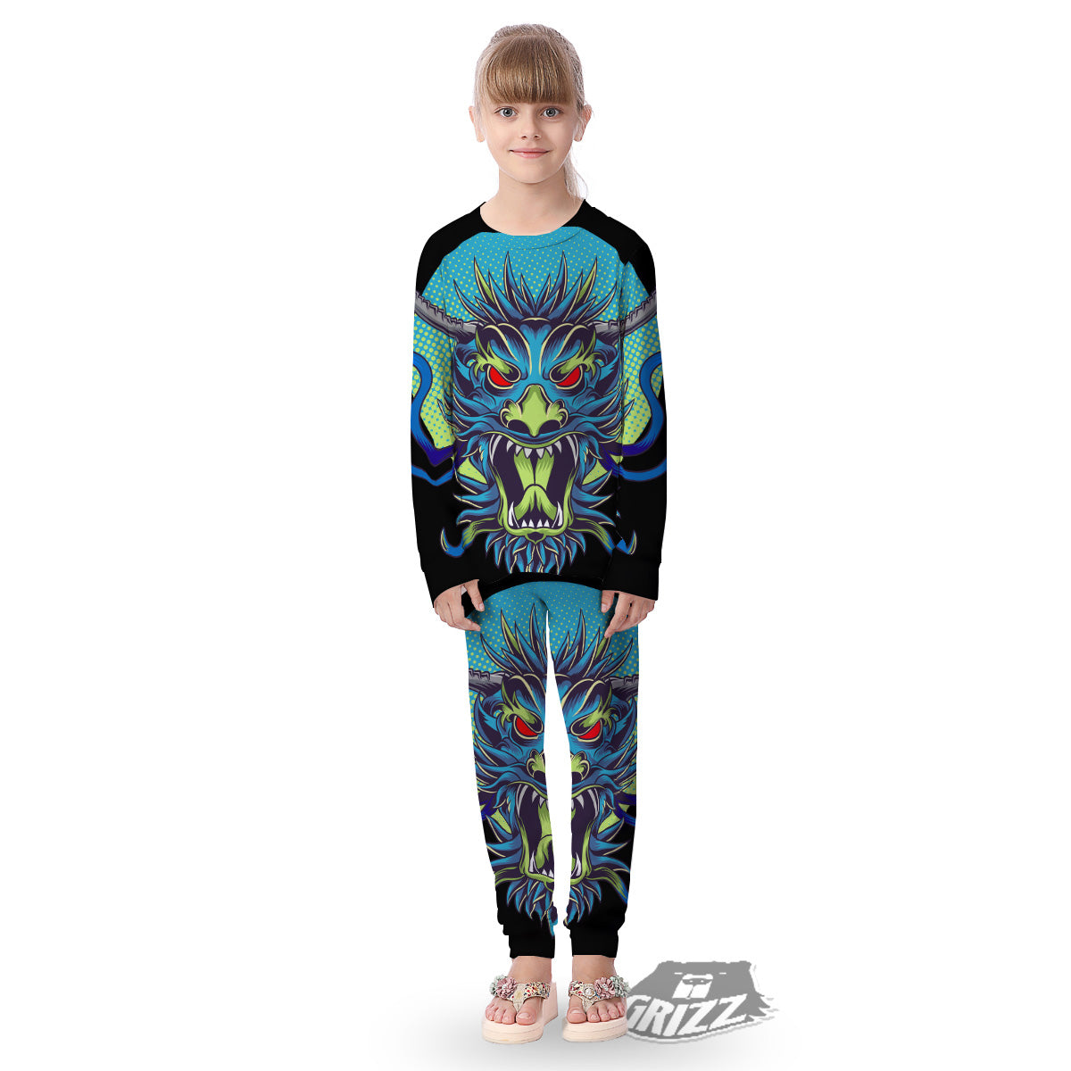 Dragon Tattoo Blue Japanese Print Kid's Pajamas-grizzshop
