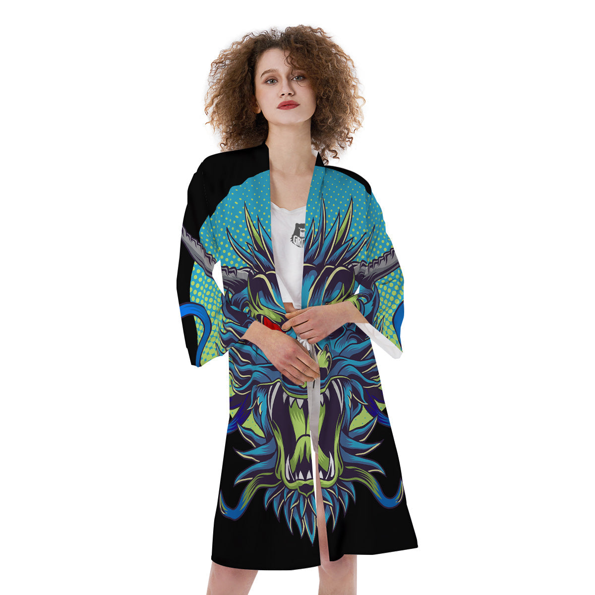 Dragon Tattoo Blue Japanese Print Kimono-grizzshop