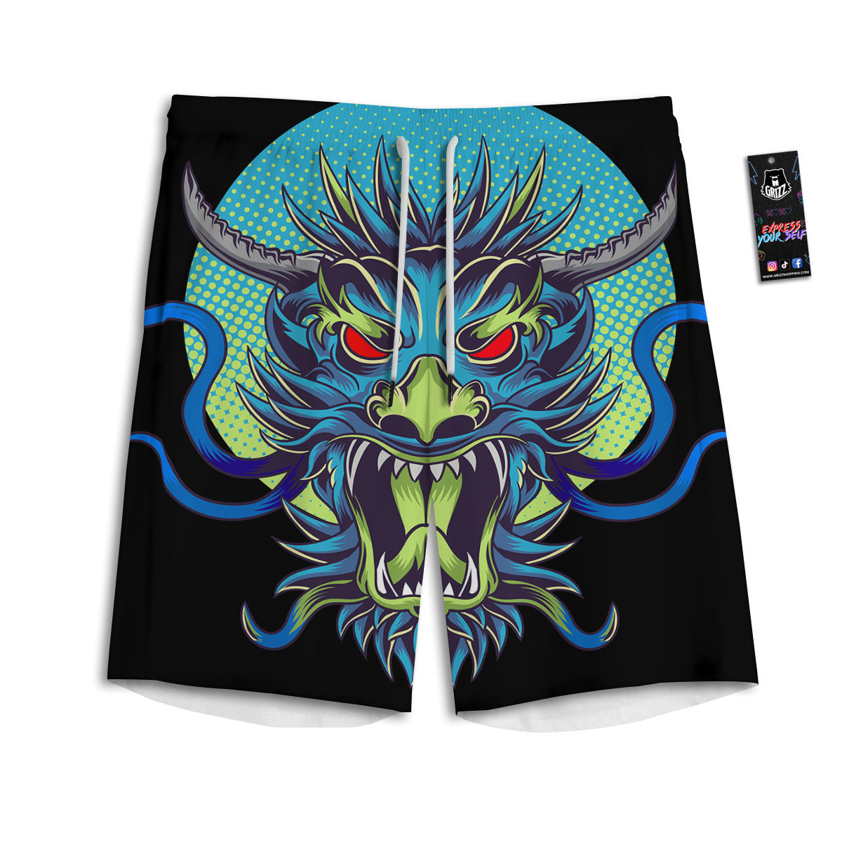 Dragon Tattoo Blue Japanese Print Men's Athletic Shorts