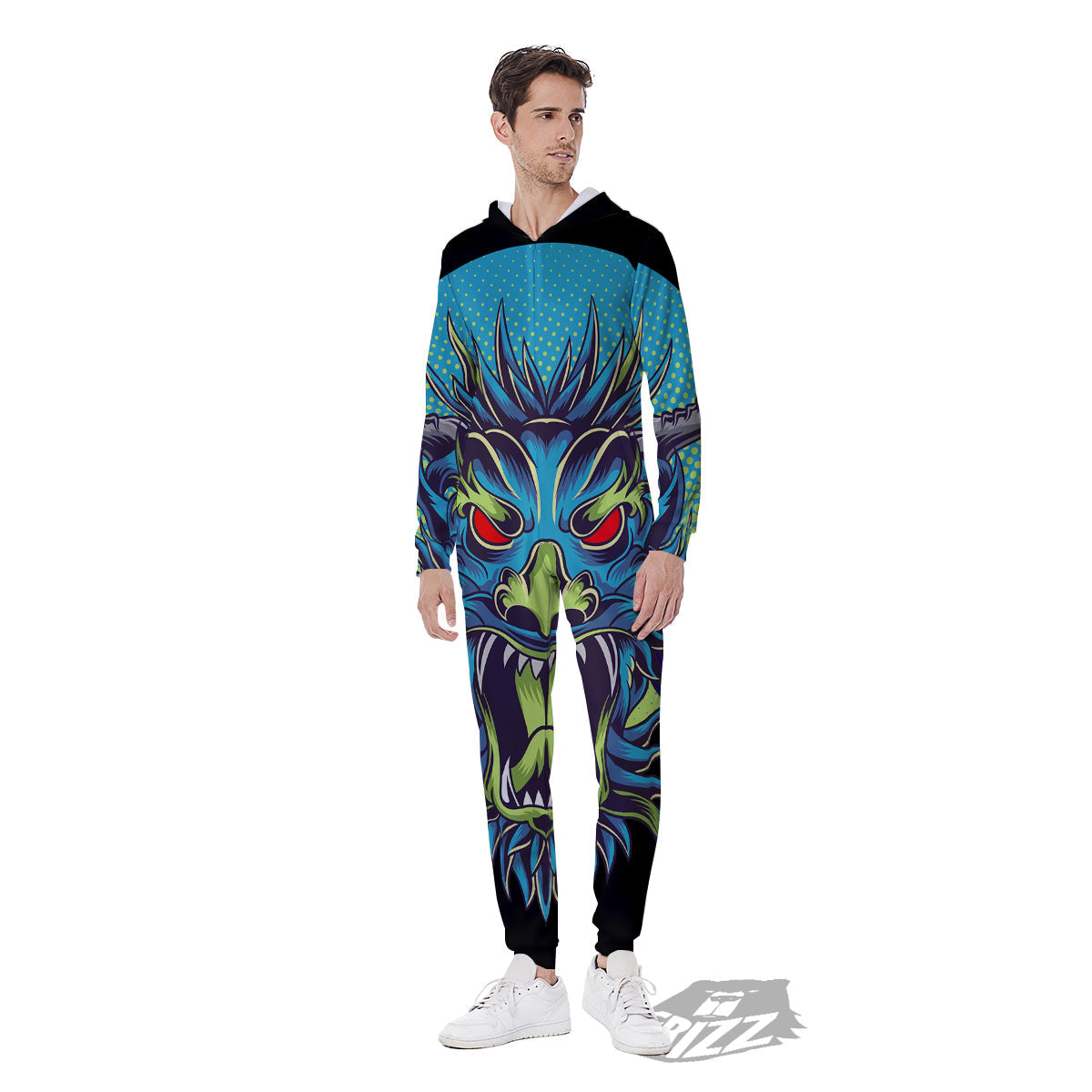Dragon Tattoo Blue Japanese Print Men's Jumpsuit-grizzshop