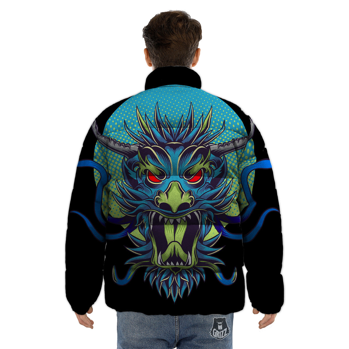 Dragon Tattoo Blue Japanese Print Puffer Jacket-grizzshop