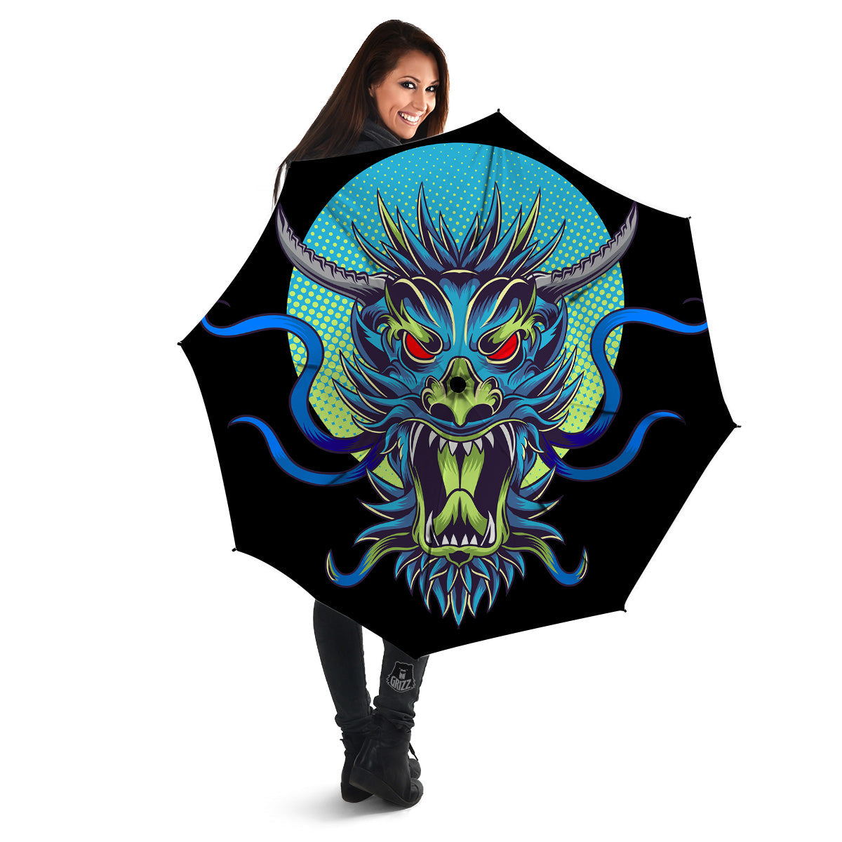 Dragon Tattoo Blue Japanese Print Umbrella-grizzshop