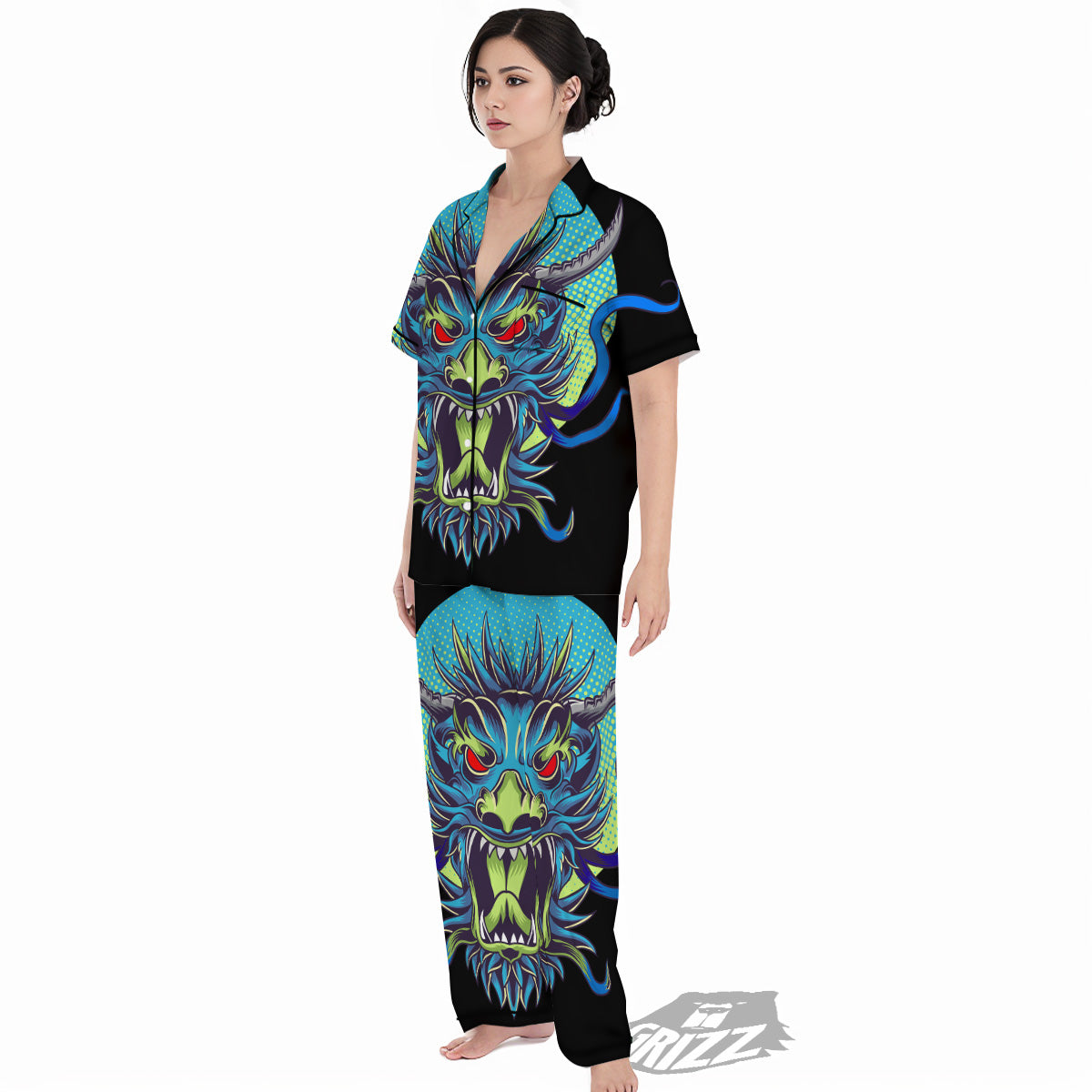 Dragon Tattoo Blue Japanese Print Women's Pajamas Set-grizzshop