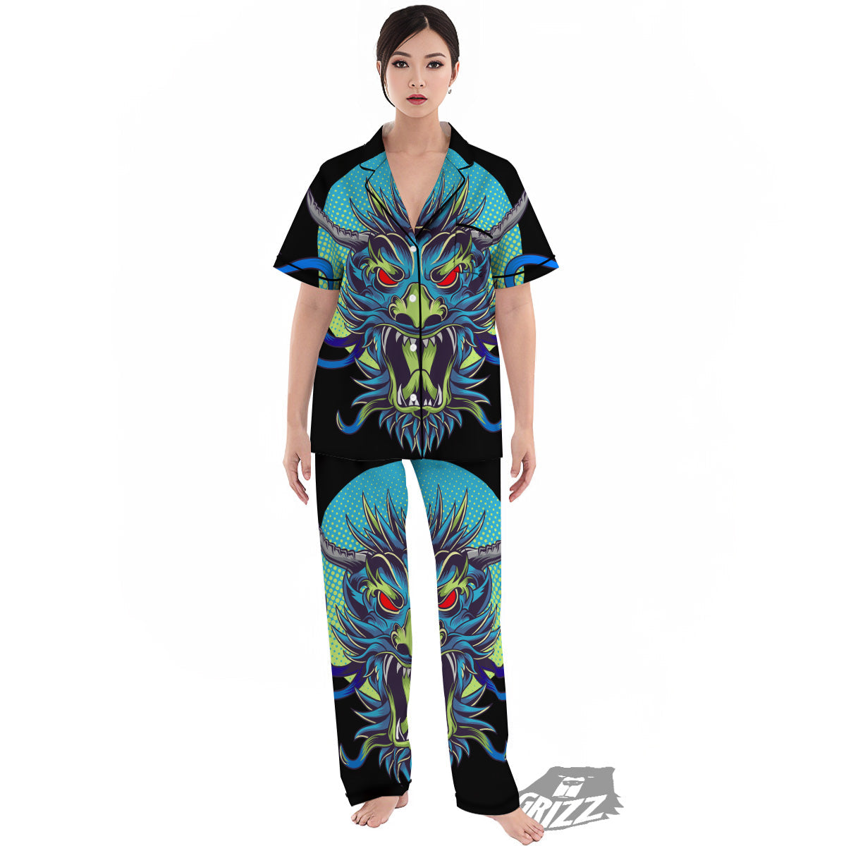 Dragon Tattoo Blue Japanese Print Women's Pajamas Set-grizzshop