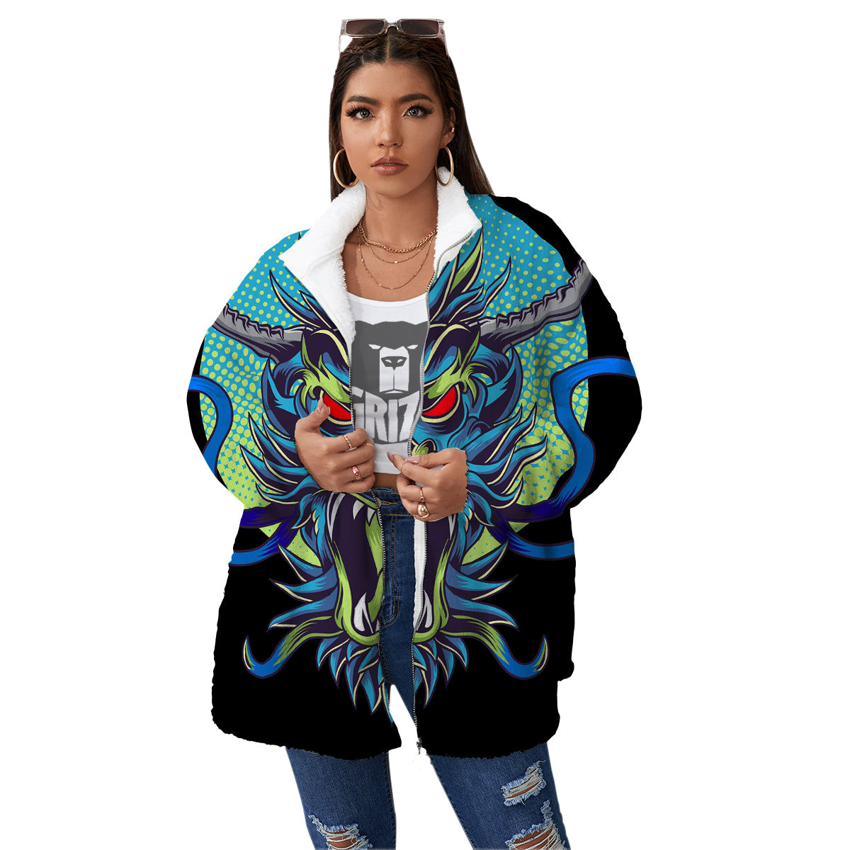 Dragon Tattoo Blue Japanese Print Women's Sherpa Jacket-grizzshop