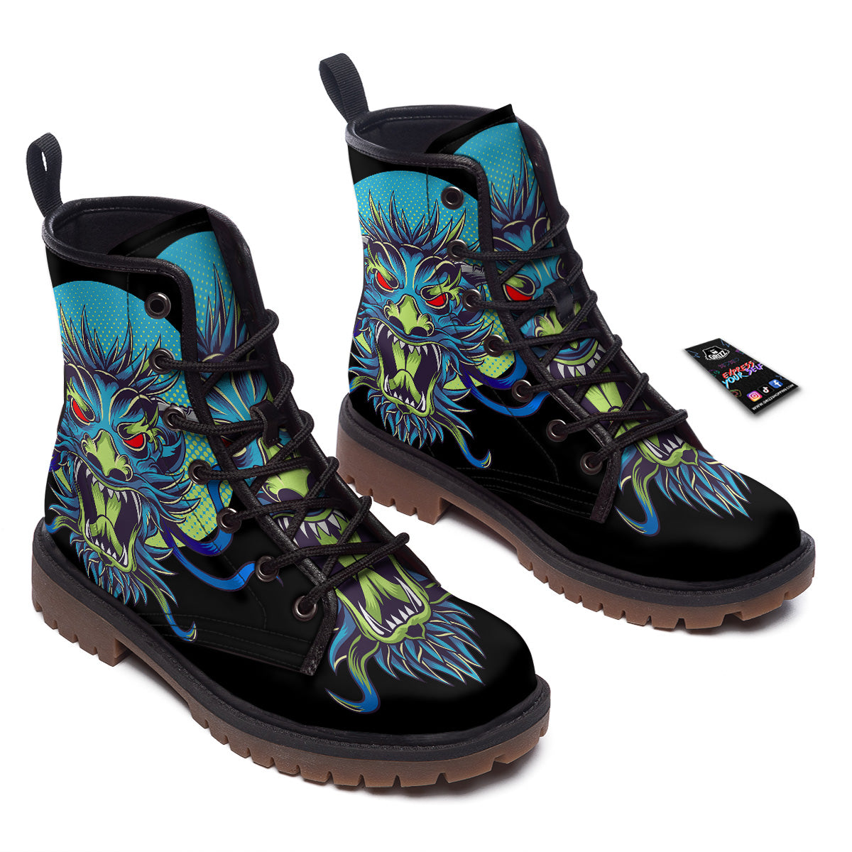 Dragon Tattoo Blue Japanese Print Work Boots-grizzshop