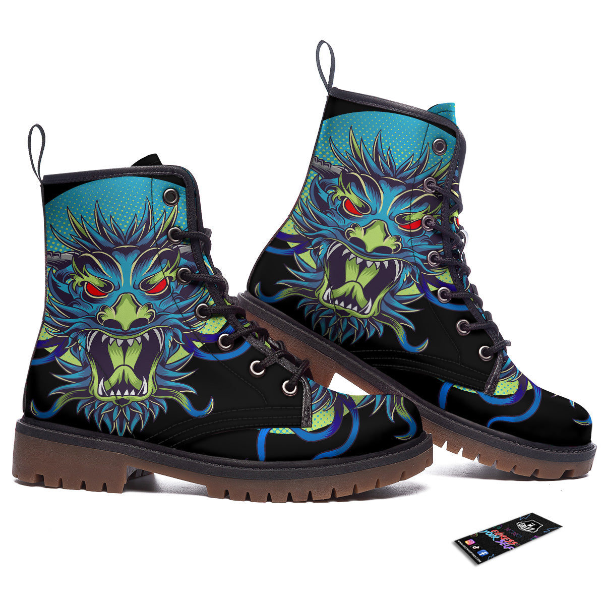Dragon Tattoo Blue Japanese Print Work Boots-grizzshop