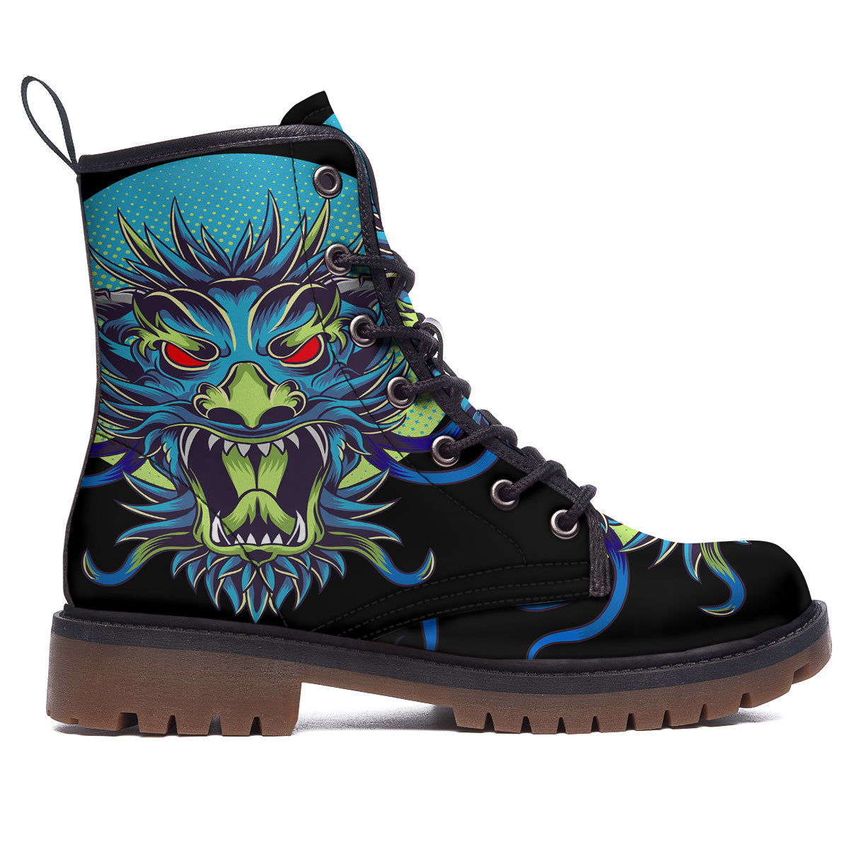 Dragon Tattoo Blue Japanese Print Work Boots-grizzshop