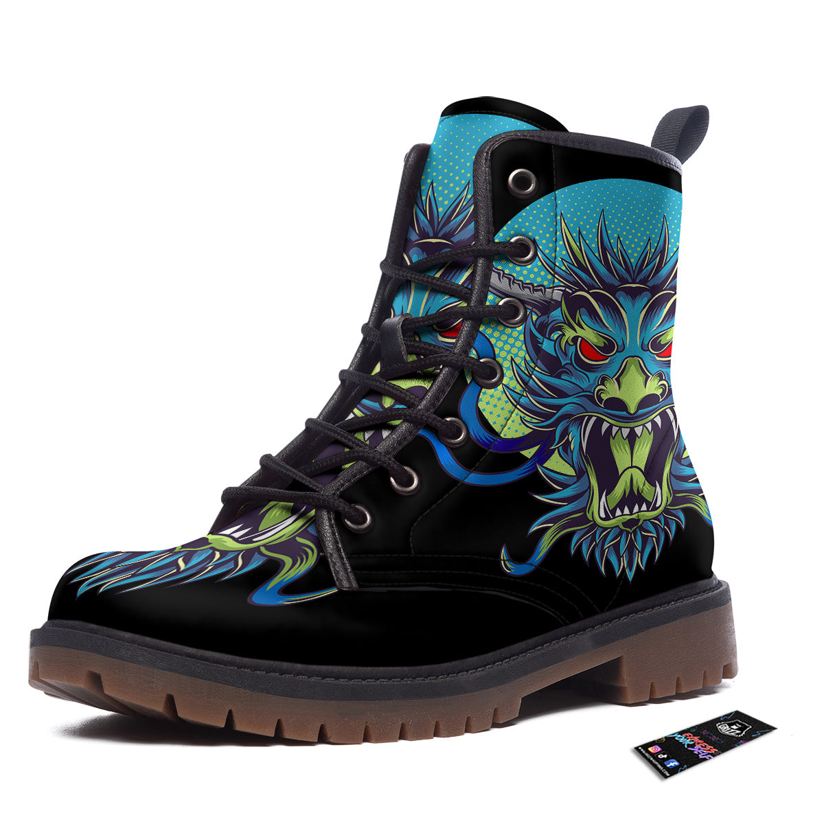 Dragon Tattoo Blue Japanese Print Work Boots-grizzshop
