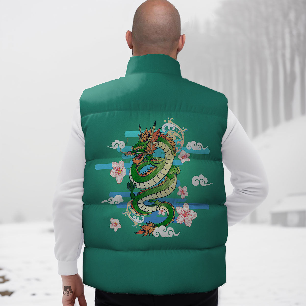 Dragon Tattoo Green Japanese Print Down Vest