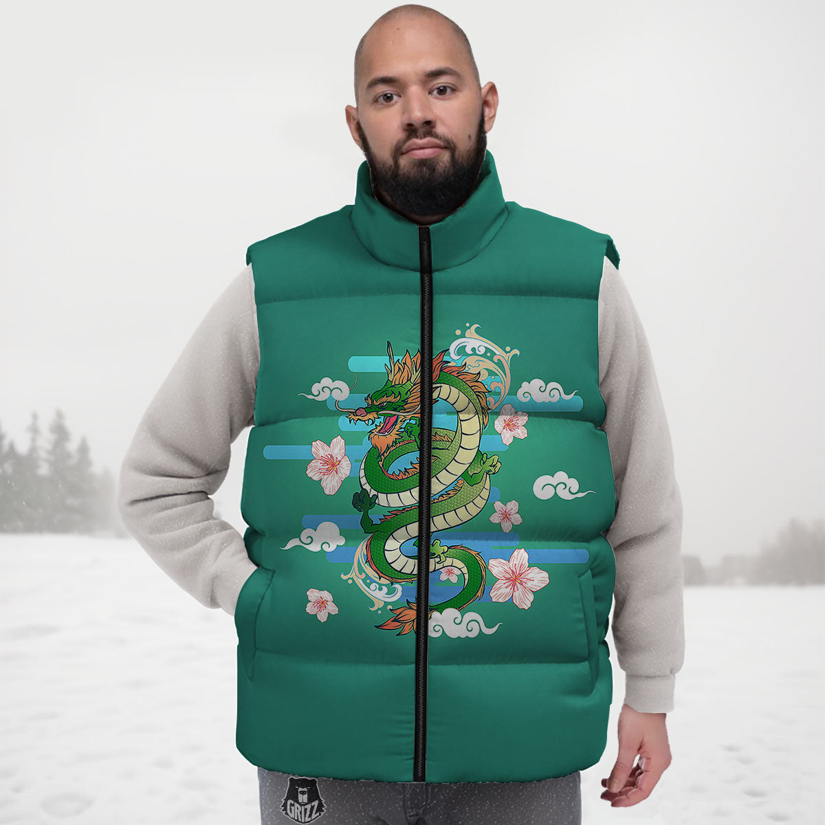 Dragon Tattoo Green Japanese Print Down Vest