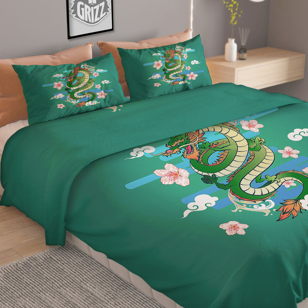 Dragon Tattoo Green Japanese Print Duvet Cover Bedding Set
