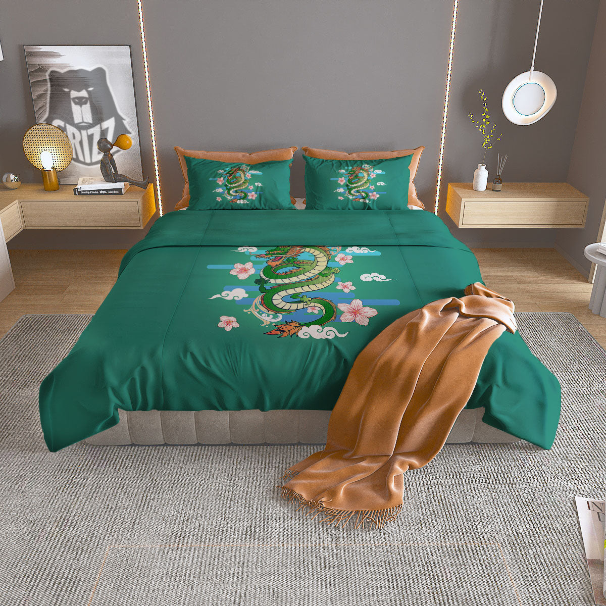 Dragon Tattoo Green Japanese Print Duvet Cover Bedding Set