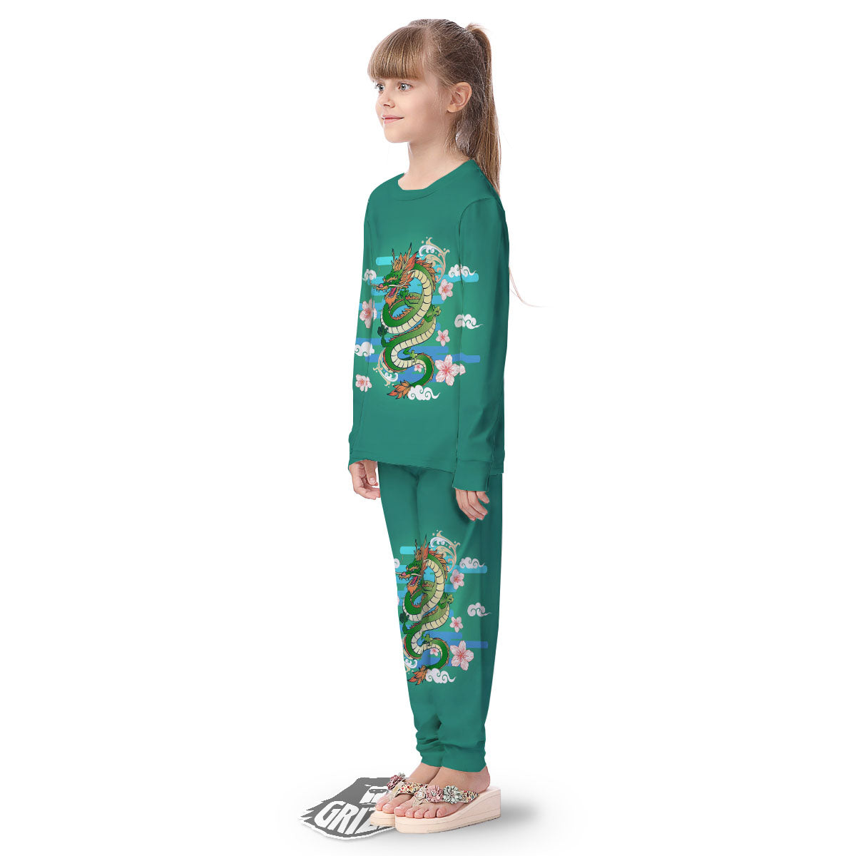Dragon Tattoo Green Japanese Print Kid's Pajamas-grizzshop