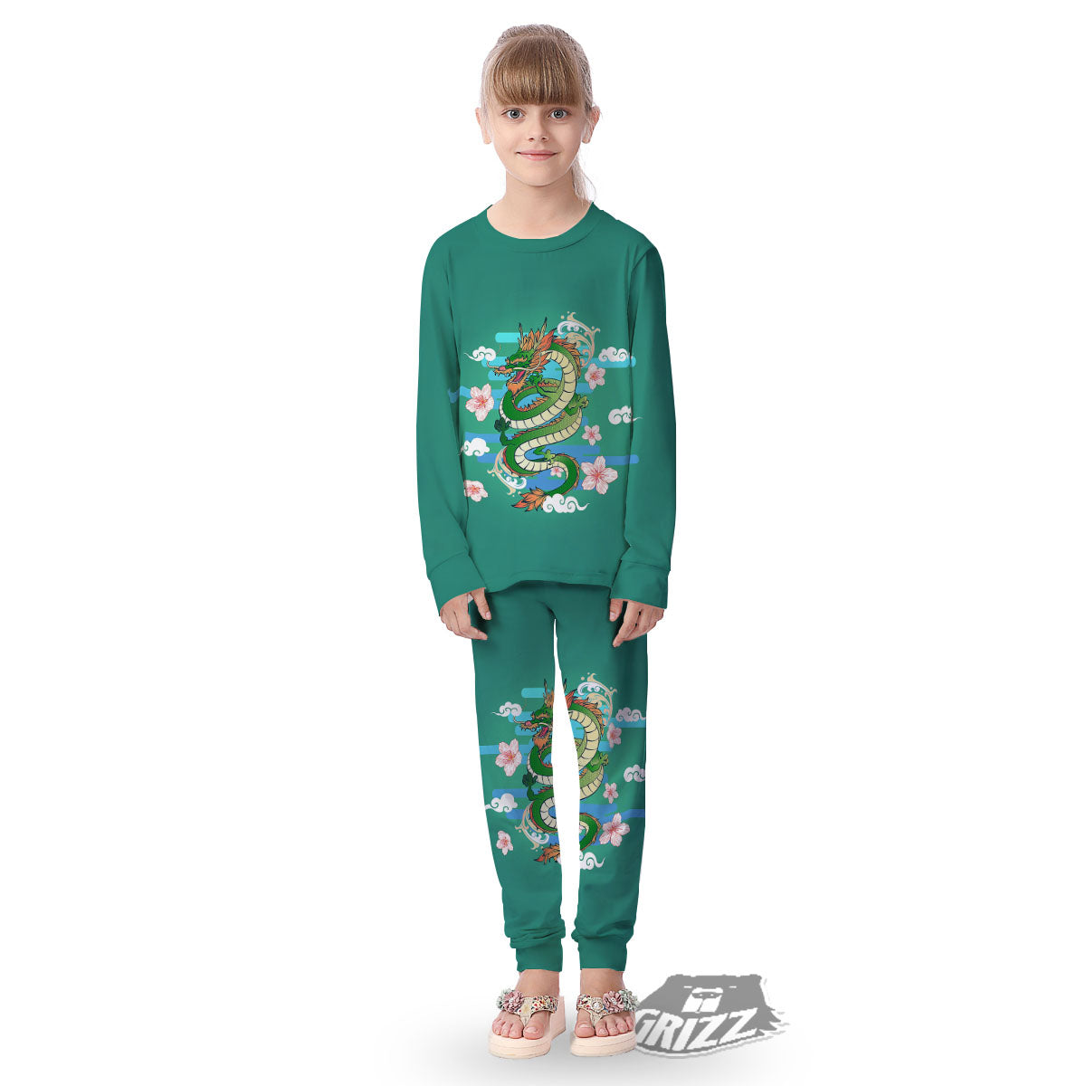Dragon Tattoo Green Japanese Print Kid's Pajamas-grizzshop