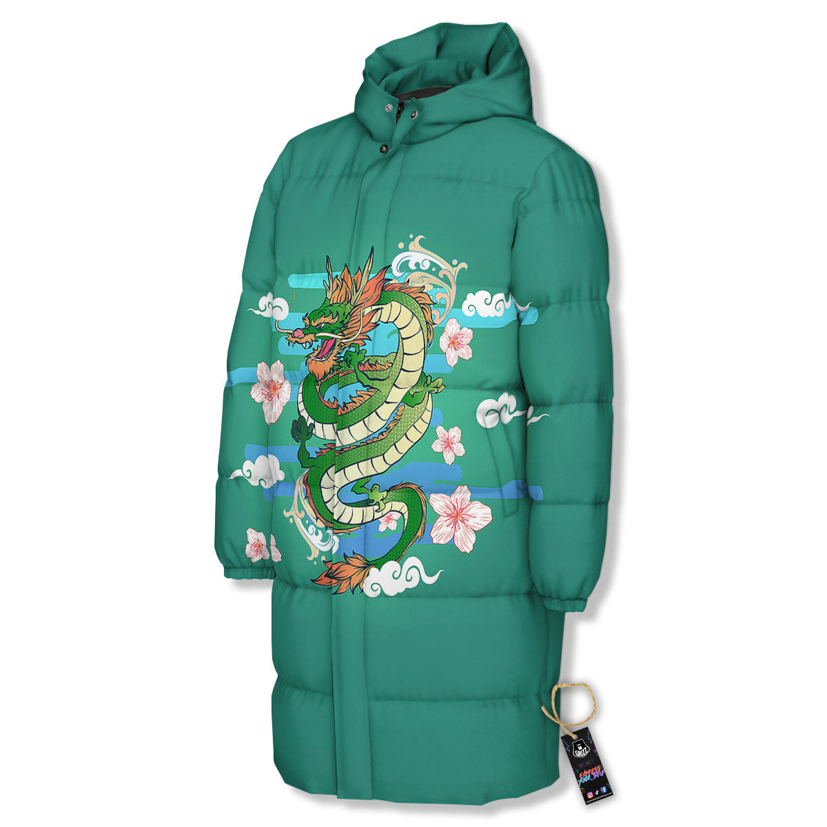 Dragon Tattoo Green Japanese Print Long Down Jacket-grizzshop