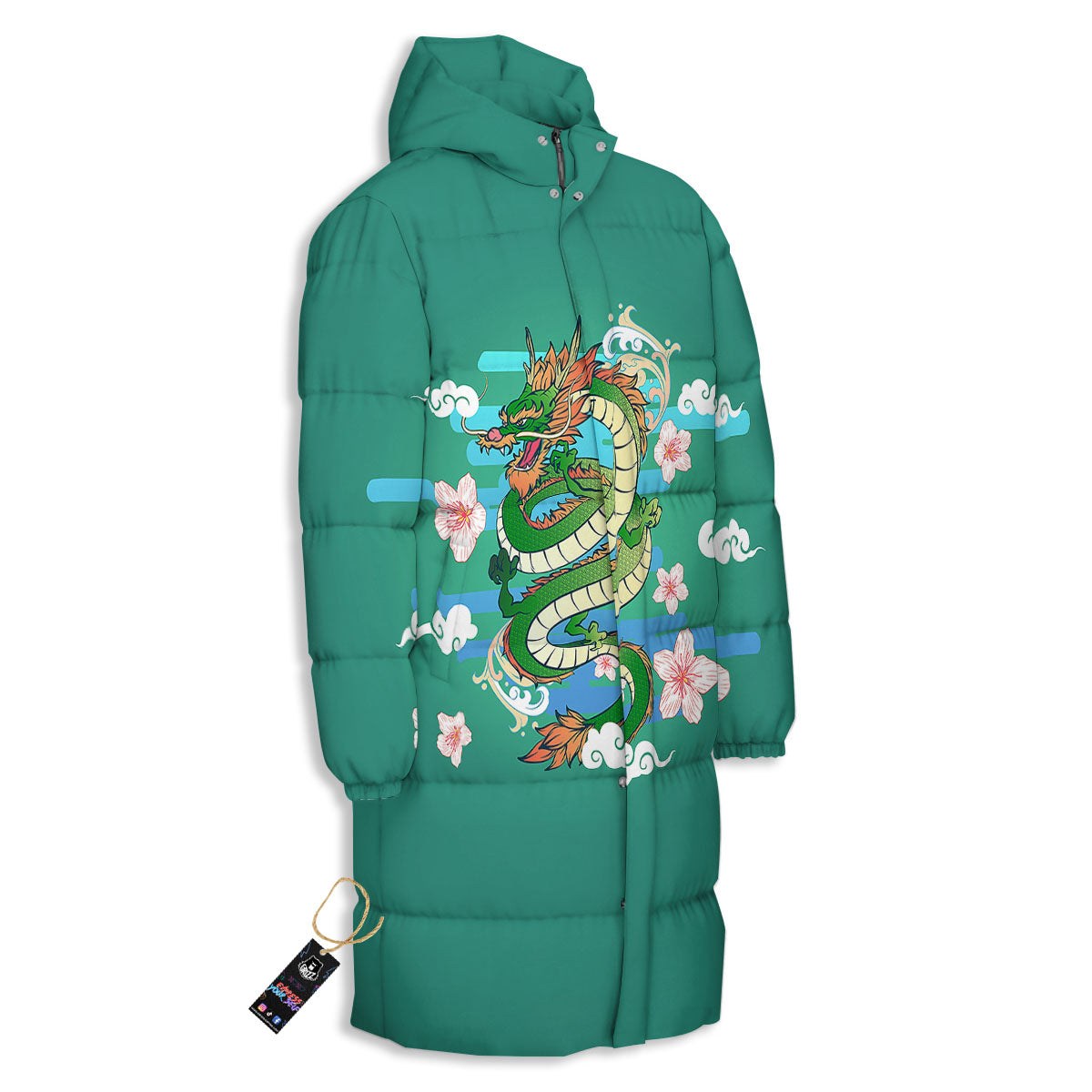 Dragon Tattoo Green Japanese Print Long Down Jacket-grizzshop