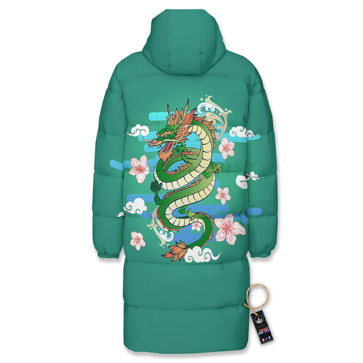 Dragon Tattoo Green Japanese Print Long Down Jacket-grizzshop
