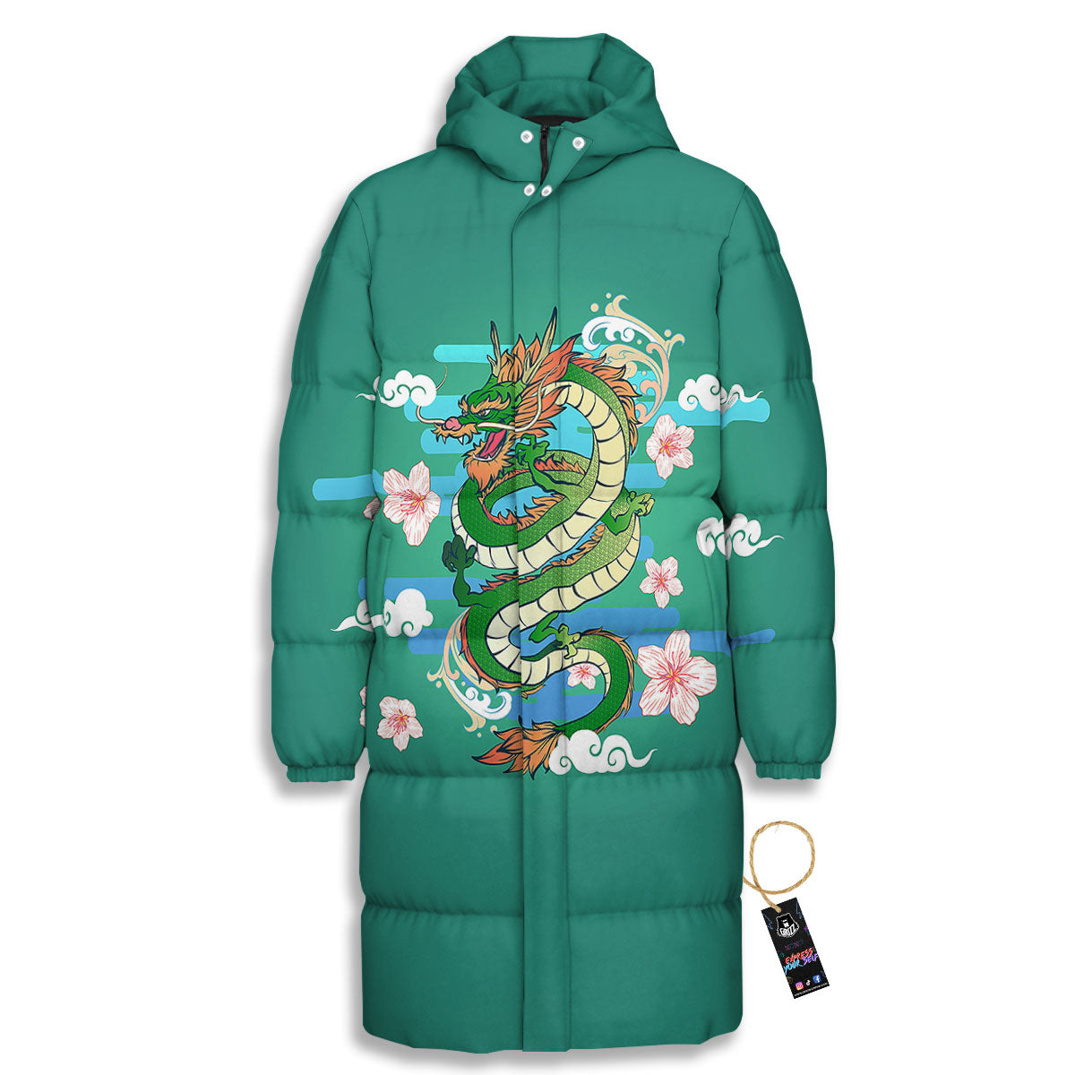 Dragon Tattoo Green Japanese Print Long Down Jacket-grizzshop
