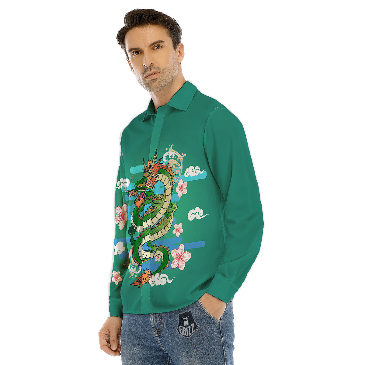 Dragon Tattoo Green Japanese Print Men's Dress Shirts-grizzshop