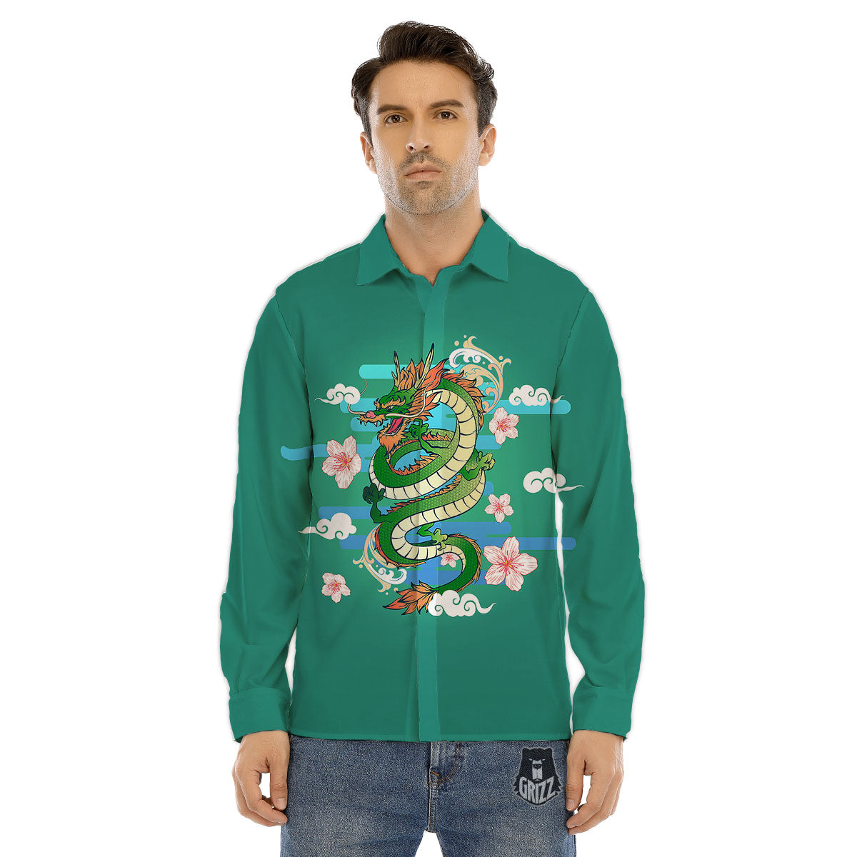 Dragon Tattoo Green Japanese Print Men's Dress Shirts-grizzshop