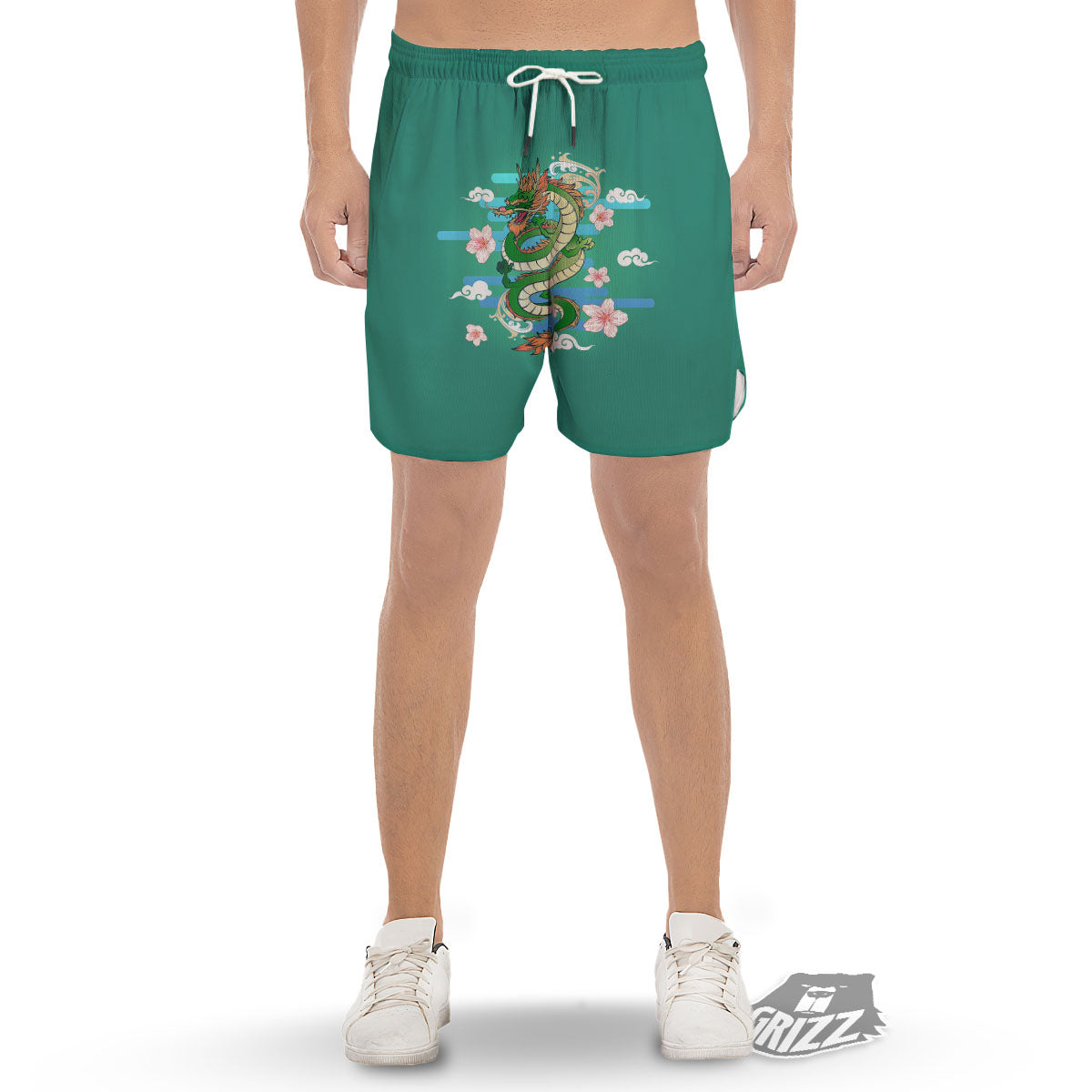 Dragon Tattoo Green Japanese Print Men's Gym Shorts-grizzshop