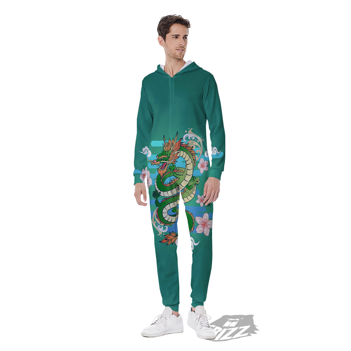 Dragon Tattoo Green Japanese Print Men's Jumpsuit-grizzshop