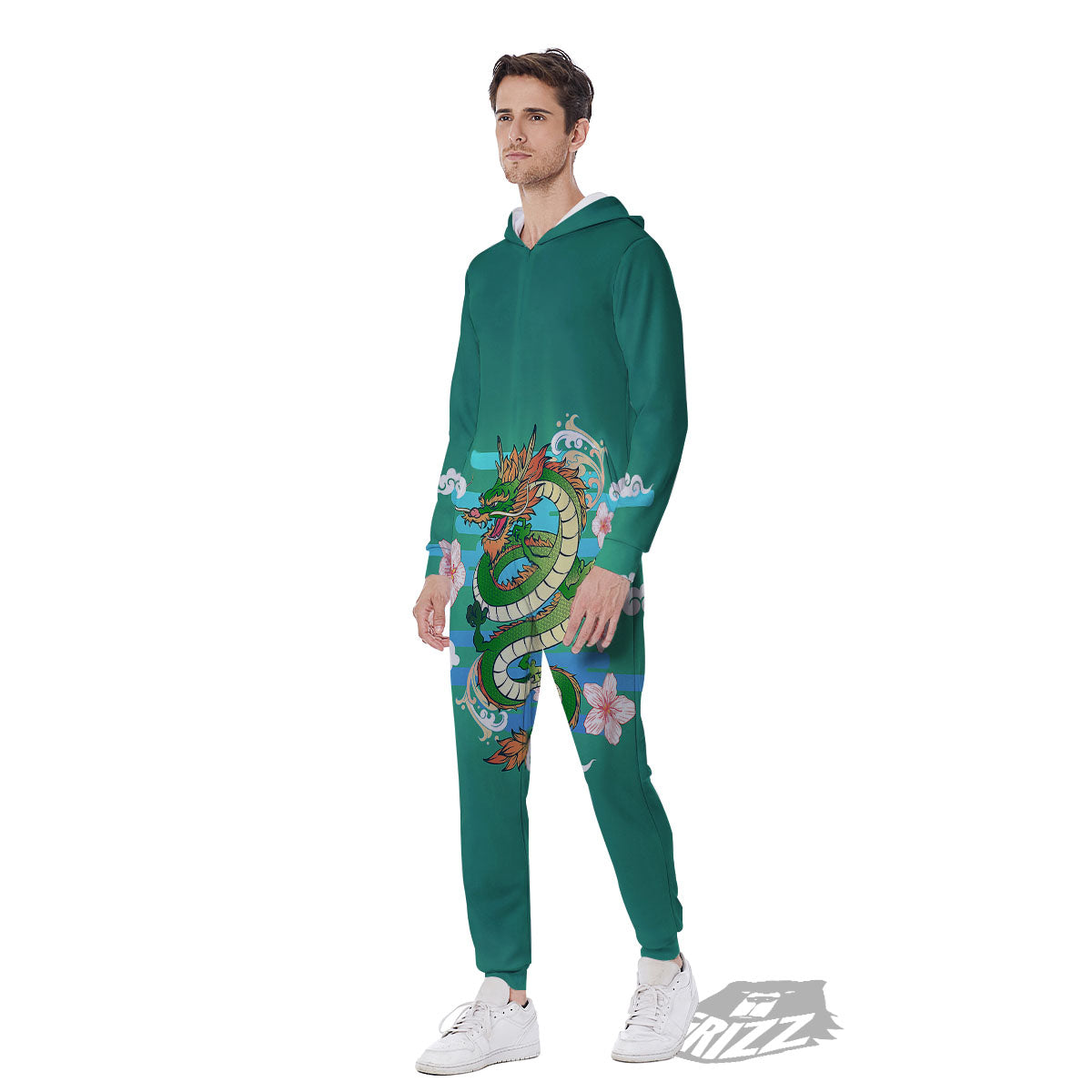 Dragon Tattoo Green Japanese Print Men's Jumpsuit-grizzshop