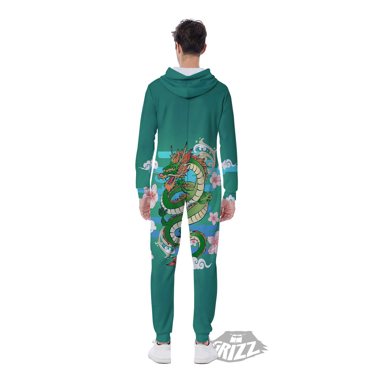 Dragon Tattoo Green Japanese Print Men's Jumpsuit-grizzshop