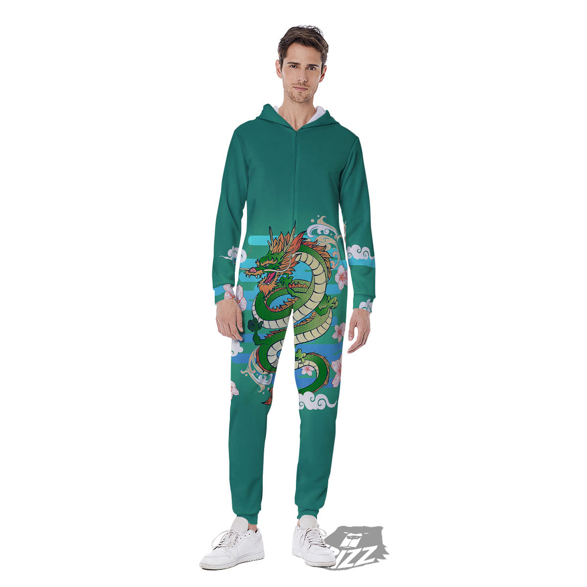 Dragon Tattoo Green Japanese Print Men's Jumpsuit-grizzshop