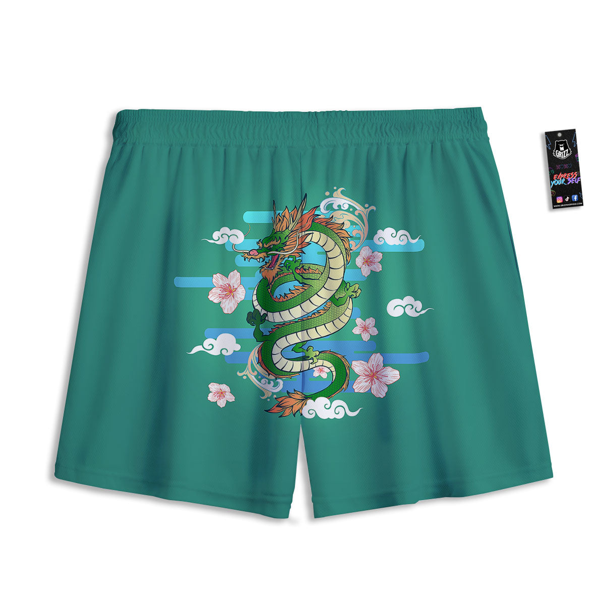 Dragon Tattoo Green Japanese Print Mesh Shorts
