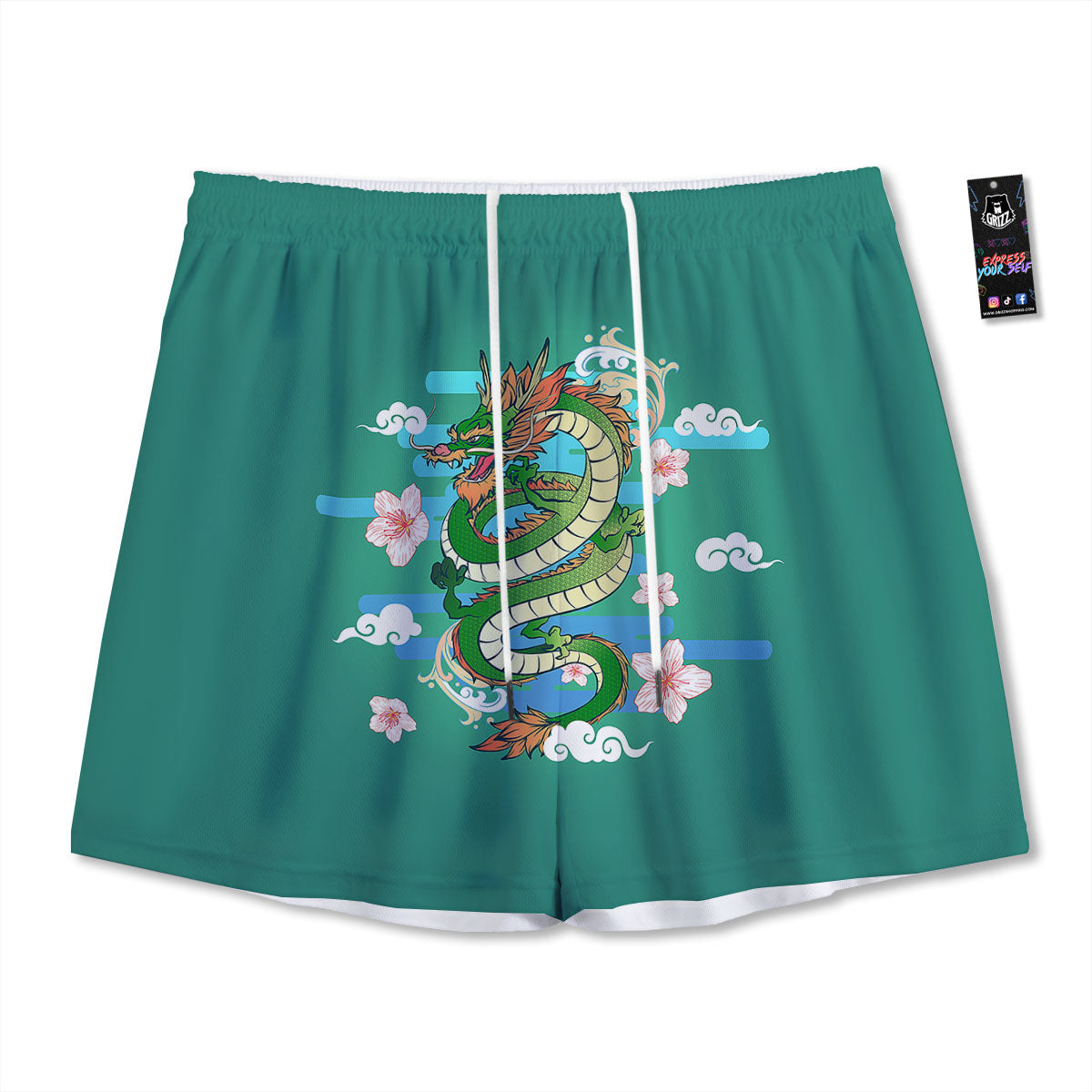 Dragon Tattoo Green Japanese Print Mesh Shorts