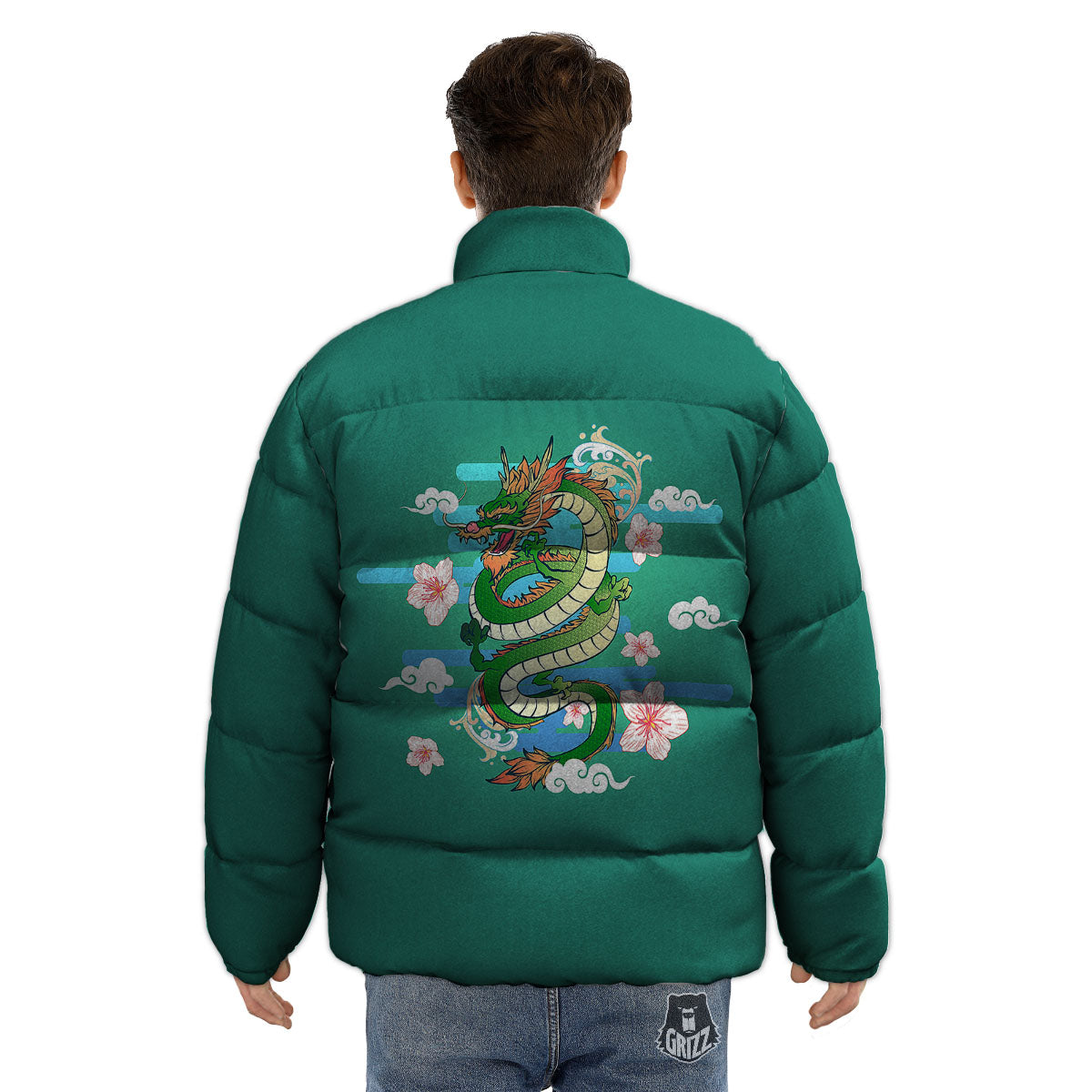 Dragon Tattoo Green Japanese Print Puffer Jacket-grizzshop