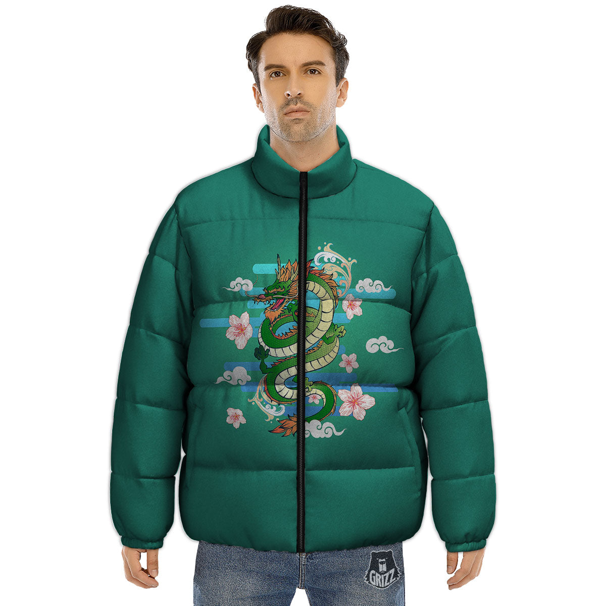 Dragon Tattoo Green Japanese Print Puffer Jacket-grizzshop