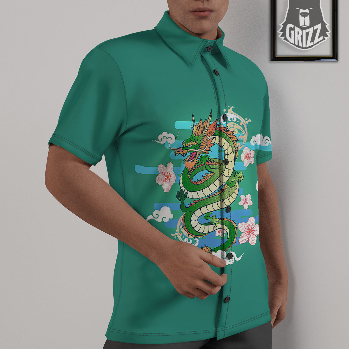 Dragon Tattoo Green Japanese Print Untucked Shirts-grizzshop