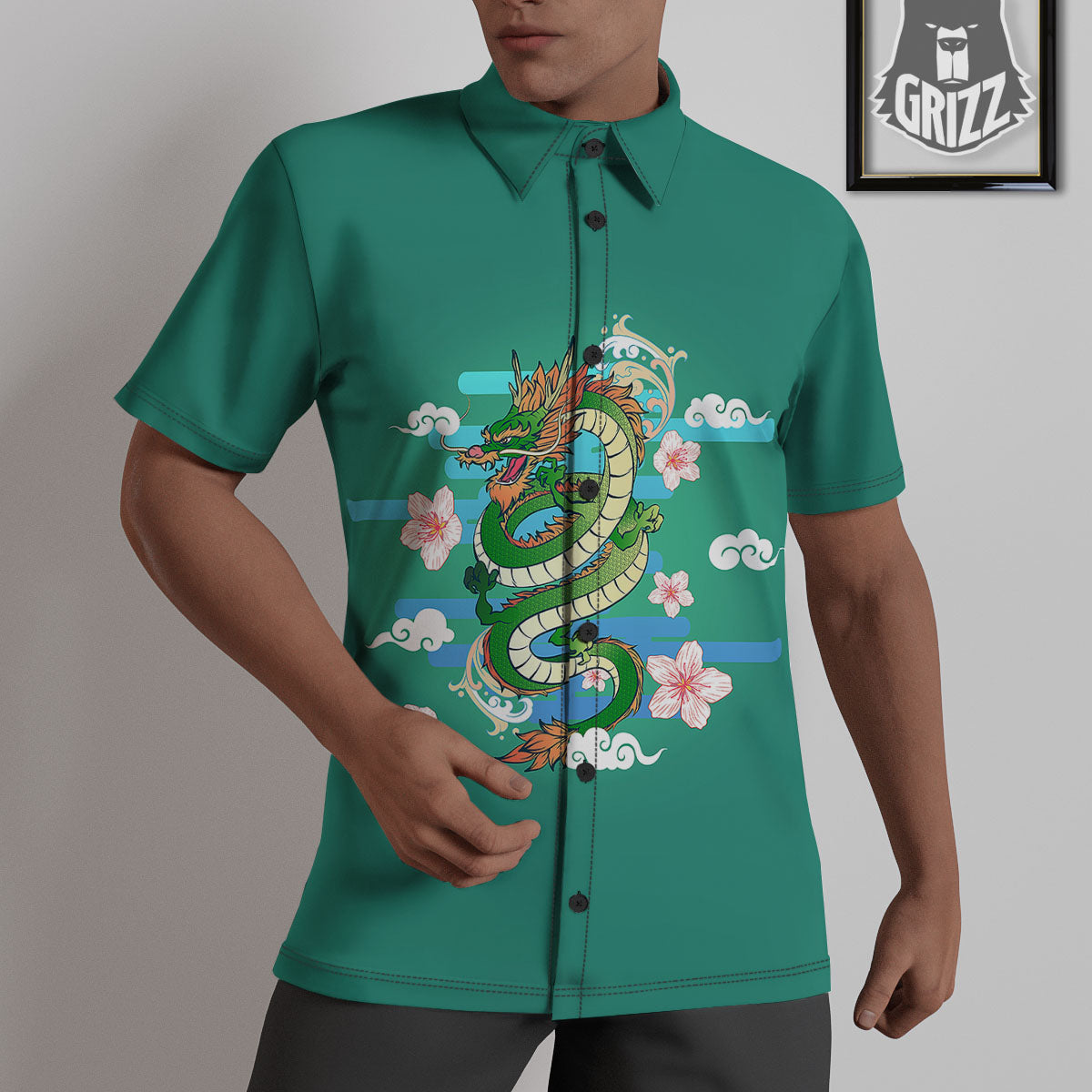 Dragon Tattoo Green Japanese Print Untucked Shirts-grizzshop