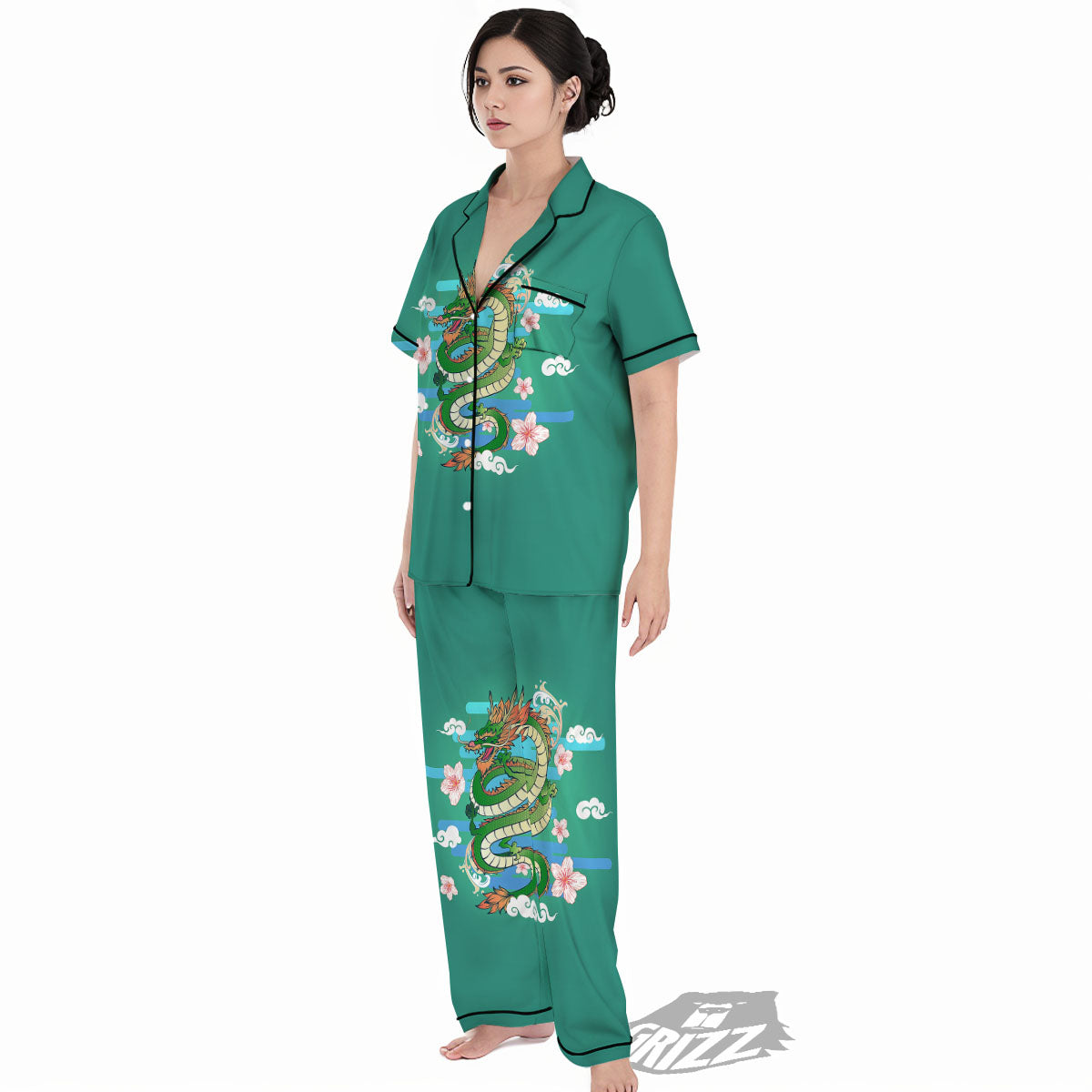 Dragon Tattoo Green Japanese Print Women's Pajamas Set-grizzshop