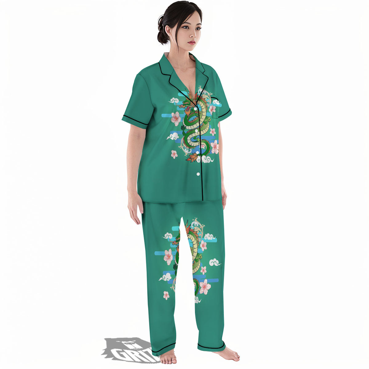 Dragon Tattoo Green Japanese Print Women's Pajamas Set-grizzshop