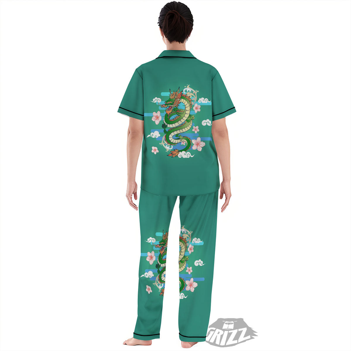 Dragon Tattoo Green Japanese Print Women's Pajamas Set-grizzshop