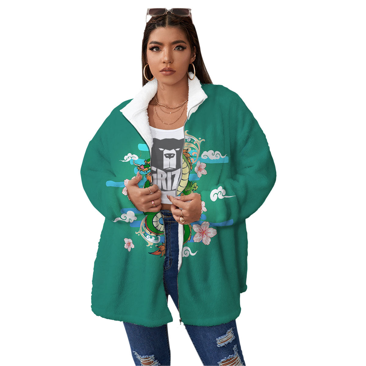 Dragon Tattoo Green Japanese Print Women's Sherpa Jacket-grizzshop