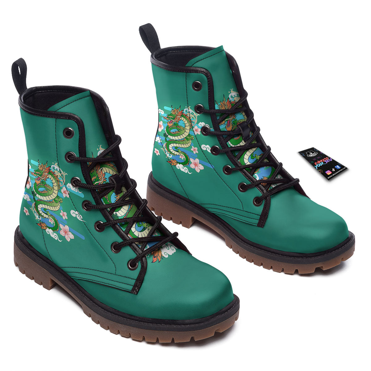 Dragon Tattoo Green Japanese Print Work Boots-grizzshop