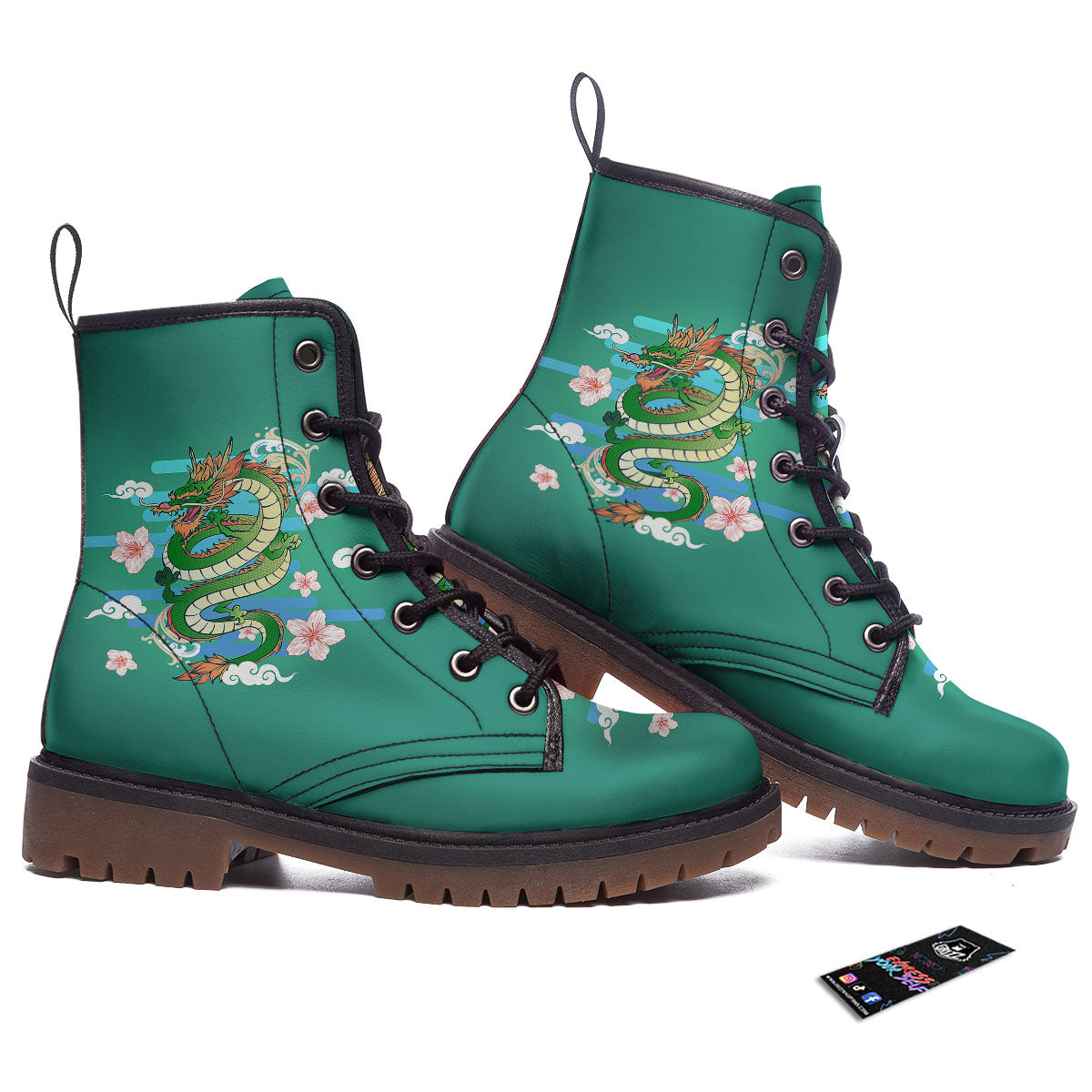 Dragon Tattoo Green Japanese Print Work Boots-grizzshop