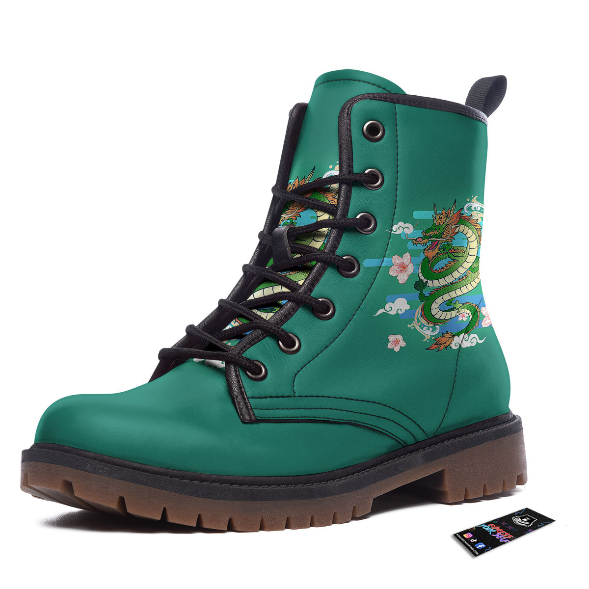 Dragon Tattoo Green Japanese Print Work Boots-grizzshop