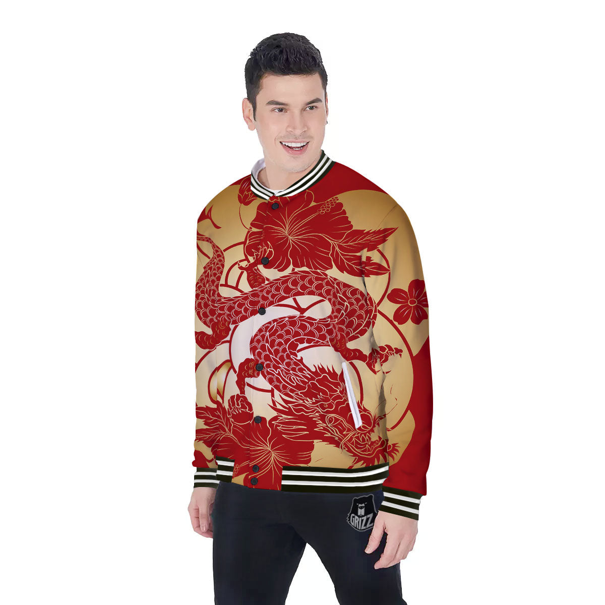 Dragon Tattoo Red Japanese Print Baseball Jacket-grizzshop