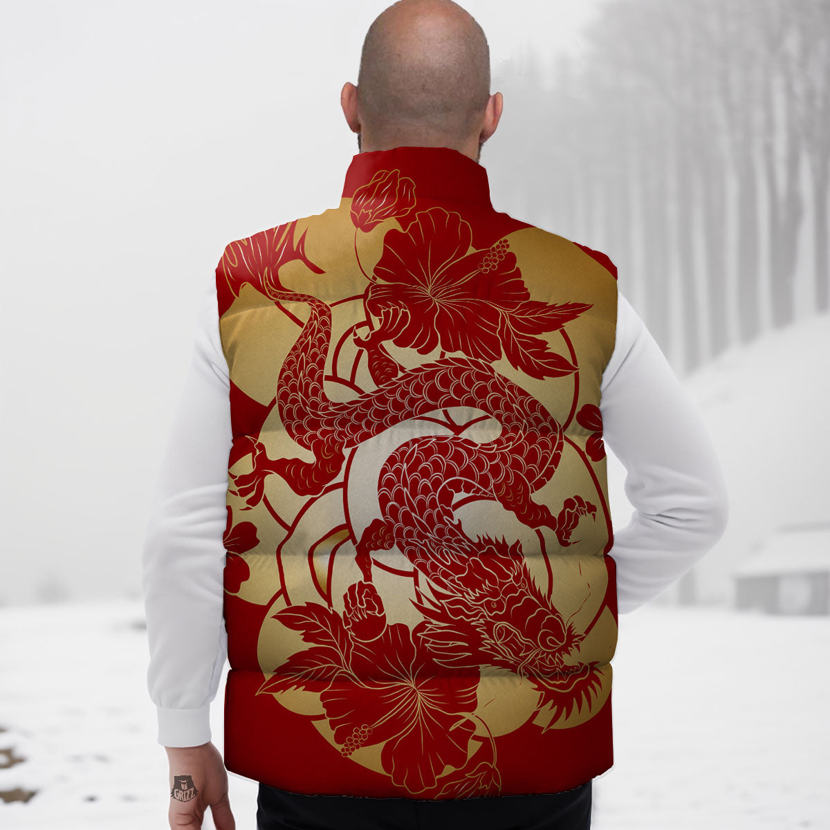 Dragon Tattoo Red Japanese Print Down Vest